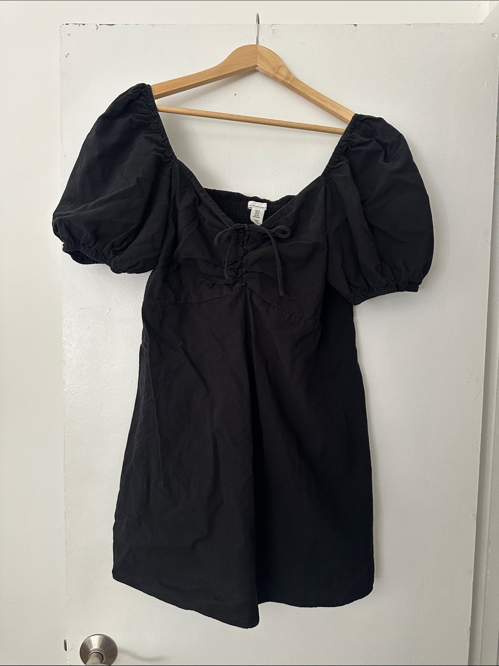 H&M Black Cotton Linen Puff-Sleeve Mini Dress